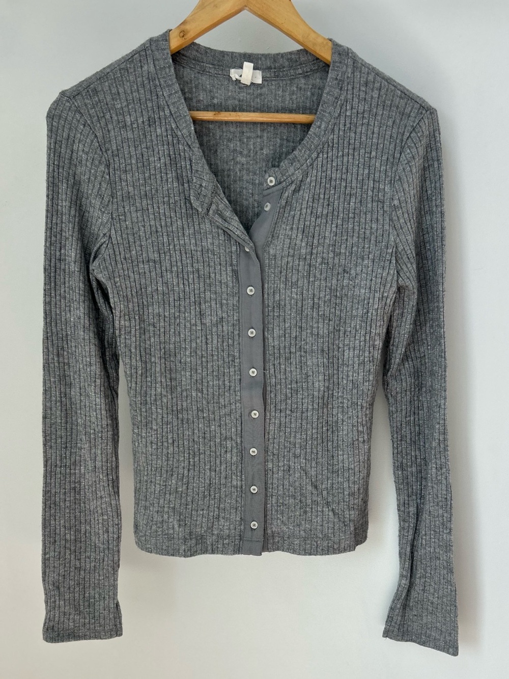 Aerie Gray Ribbed Metallic Button-Front Cardigan – Size M